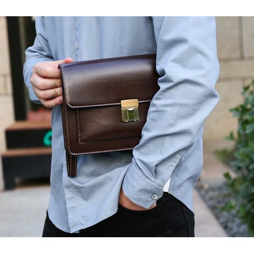 Mens Leather Clutch Bag with Wrist Strap, Brown