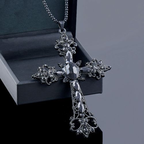 Fashion LEEKER Vintage Big Black Stones Cross Pendant Necklace