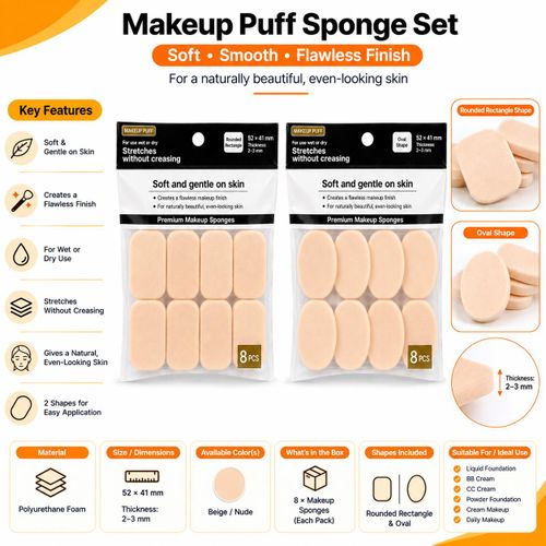 Generic 8PCS Makeup Sponge Set – Soft Wet & Dry Cosmetic Foundation Puff – Oval & Rounded Rectangle Shapes - image 3