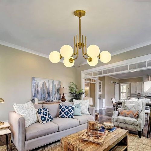 product_image_name-Generic-A 6 head Modern Sputnik Chandelier with Milk White Globe Ball Mid Century Gold Pendant Light Semi Flush Mount Ceiling Light Fixture for Dining Room Living Room Kitchen Entryway.-2
