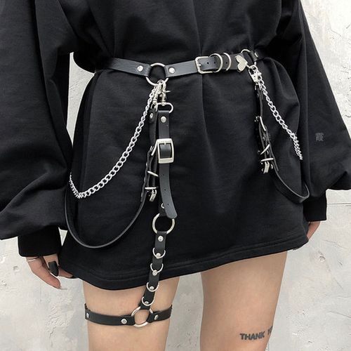 Generic Women Skirt Belt Female Pu Leather Hip Hop Rock Nightclub Sexy  Jeans Dress Heart Punk Belt With Metal Waist Chain(#Set)