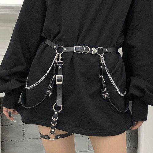 Generic Women Skirt Belt Female Pu Leather Hip Hop Rock Nightclub Sexy  Jeans Dress Heart Punk Belt With Metal Waist Chain(#Set)