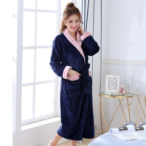 Fashion V-neck Long Sleeve Robe Sleepwear Ladies' Warm Winter New Casual  Home Wear With Belt&pocke Loose Kimono Bathrobe Gown Nightgown（#Navy Blue  1）