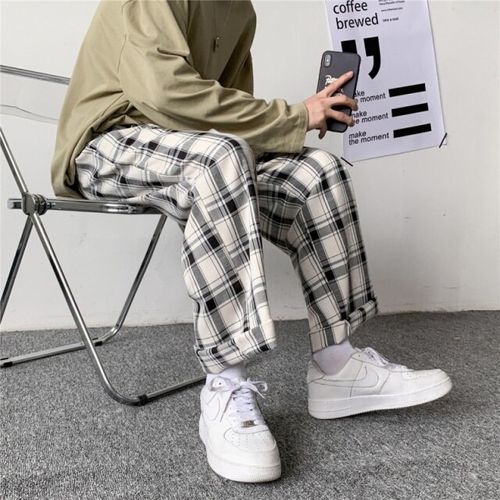 Men Women Korean Black Plaid Casual Pants 2020 Mens Streetwear Harem Pants  Male Checkered Trousers Plus