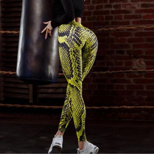 High Waisted Plus Size Gym Tights Black with Snakeskin Print