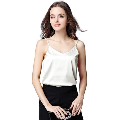 ROV D'Clothier Women's Satin Silk Tank Top V-Neck Blouse Camisole Loose  Sleeveless Shirt Off-White