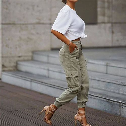 Fashion （Khaki）Casual Cargo Stacked Pants Women Y2K Spring Autumn High  Waist Harem Sweatpants Pocket Female Sweat Pants Jogger Trousers WJu