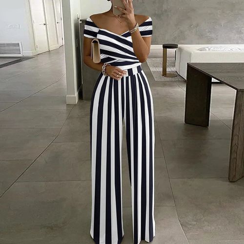 Fashion Women Sexy V Neck Crop Top Lantern Blouse High Waist Loose Pants 2  Piece Sets