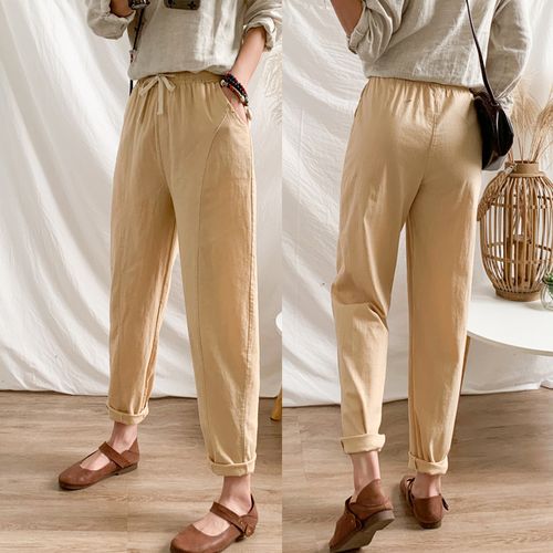 Women Elastic Waist Loose Solid Pants Ladies Cotton Linen Trousers