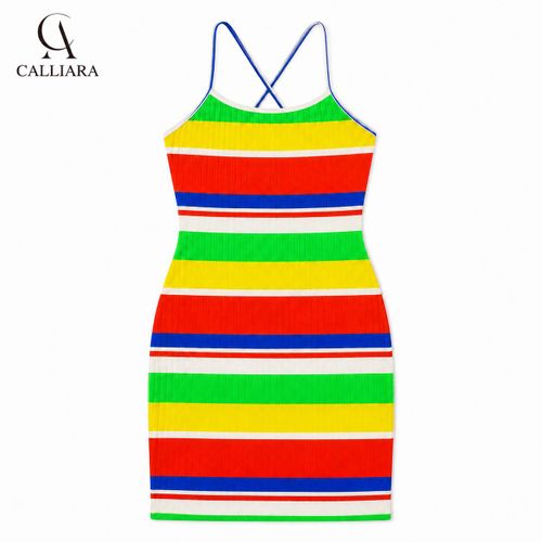 CALLIARA Women's Rainbow Striped Spaghetti Strap Bodycon Mini Dresses for Ladies - image 6