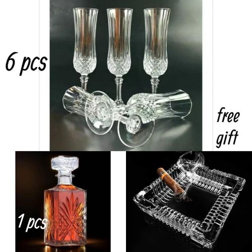 product_image_name-Generic-Long Flute Glass Cup + Decanter for Drinks+ Ash Tray__6 cups, 1 Decanter,  1 ash tray-1