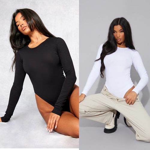 Fashion Ladies Long Sleeve Bodysuits Tops - Black & White