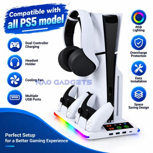 YA Multifunctional PS5 Console Cooling Stand With RGB Light, Dual PS5 Controller Charger and Headset Holder Compatible with All PS5 Models
