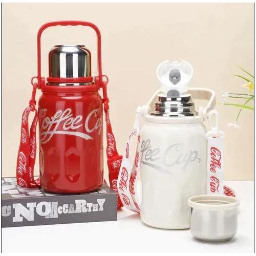 Generic 1000ml Insulated Water Bottle 316 Stainless Steel Thermos with Tea Strainer, 2 Lids, 24H Cold & Hot, Handle & Shoulder Strap for Outdoor Work Travel