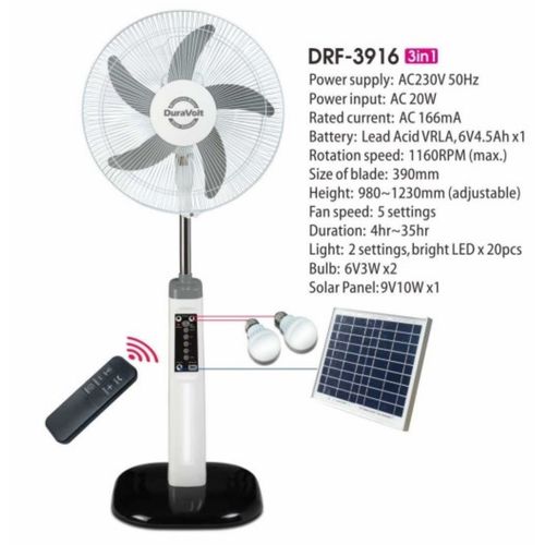 Duravolt 16 Inches -3 In 1 Rechargeable Fan +Solar Panel + 2-Bulbs