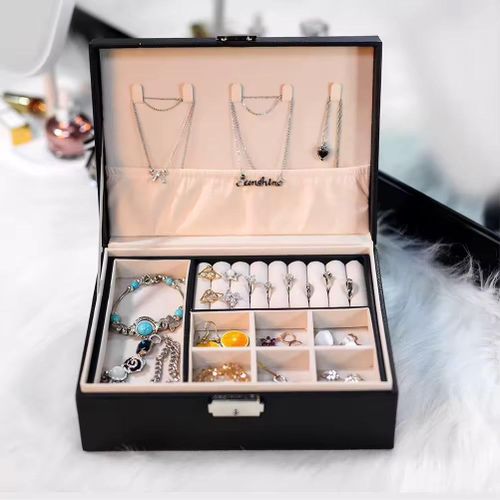 product_image_name-Fashion-Jewelry Holder Box with Lock Jewelry Storage Box Multi-pockets Leather Jewelry Organizer Box 2 Layer for Necklace Rings Earrings Bracelets Bangles -3