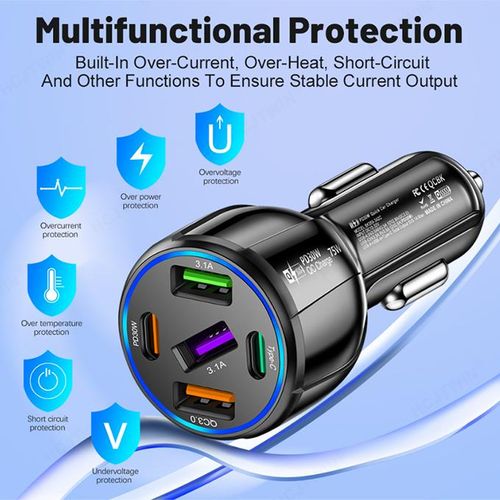 product_image_name-Generic-75W Super Fast Car Charger, 5 Ports, USB Charger (3USB+2PD)-5