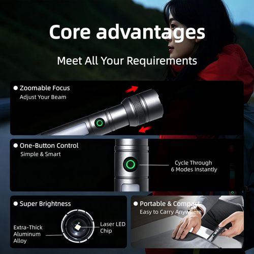 Kami Tactical Rechargeable Flashlight – Waterproof Aluminum Security Torch, High Lumen LED, Zoomable Focus, 6 Lighting Modes, Long Runtime - image 5