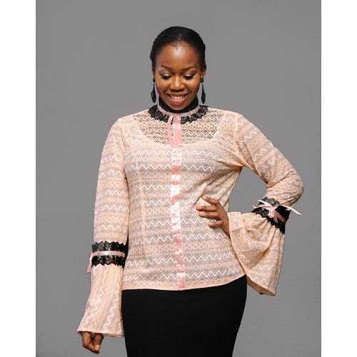 Fashion Beige Bell Sleeve Lace Top