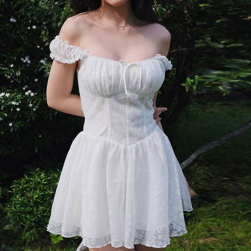 Fashion (White)Y2K Fairycore Kawaii White Lace A-line Dress French Romance  Beach Bohemian Backless Corset Pleated Mini Dress Vintage Prom Party BEA