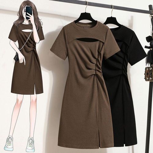 Generic 2022 New Large Size Women's Clothing Fold Split Dress Slimming  Inspirational Hollow out Niche Fashionable T-shirt Dress