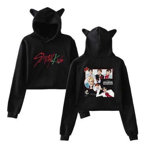 Generic Stray Kids Christmas EveL Hoodie Cat Ear Designs Cool Print Wonder  Crop S Short Pullover For Women Casual(#Dark Green)