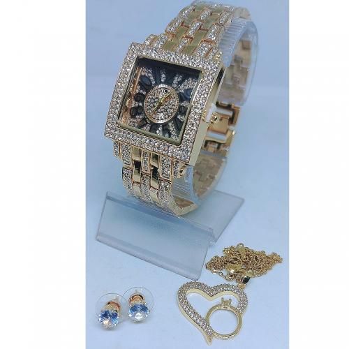 product_image_name-Fashion-Ladies Gold Wristwatch + Necklace & Earring-1