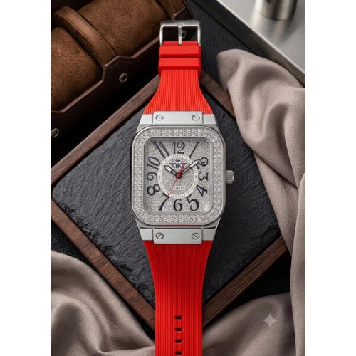 Fashion Men’s Luxury Iced-Out Square Watch – Crystal Bezel Quartz Timepiece with Premium Red Silicone Strap - image 3