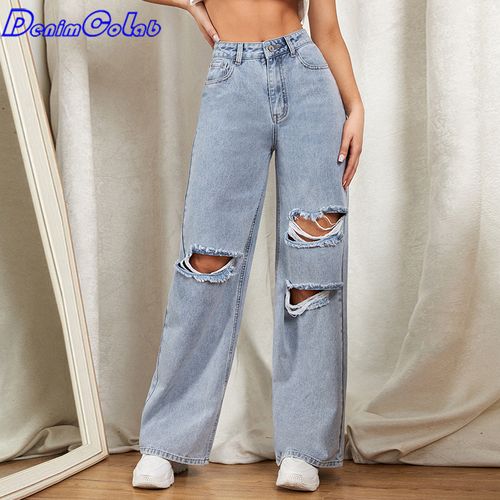 Plain Ripped Holes Straight Jeans, Loose Fit High Waist Non-Stretch  Distressed Denim Pants, Women's Denim Jeans Clothing