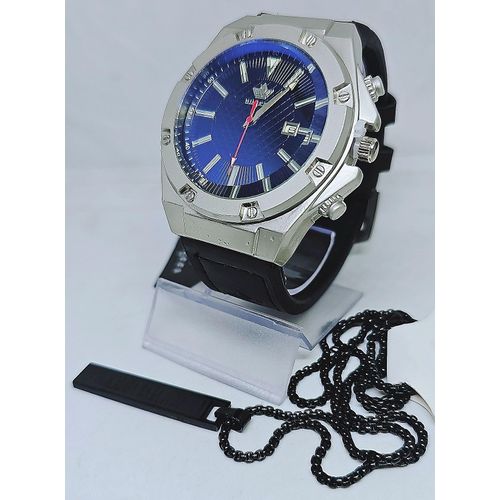 product_image_name-Fashion-Men Black Leather Wristwatch & Black Steel Necklace-1