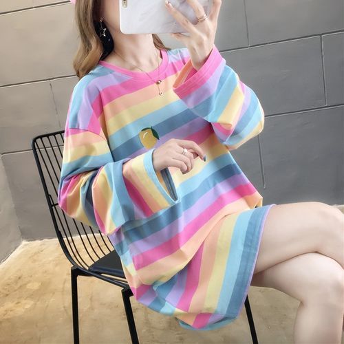 Rainbow T Shirt Women Striped Kawaii Clothes Harajuku Korean Style  Streetwear Aesthetic Long Sleeve Fall Roupas Feminina O Neck