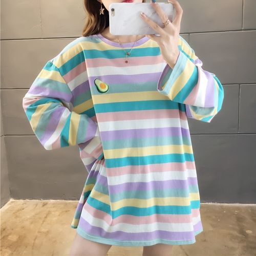 Rainbow T Shirt Women Striped Kawaii Clothes Harajuku Korean Style  Streetwear Aesthetic Long Sleeve Fall Roupas Feminina O Neck