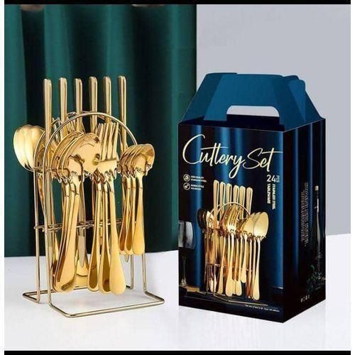 Generic Golden Spoon 24 Pcs Gold Plated Stainless Steel Spoon & Fork SET & RACK