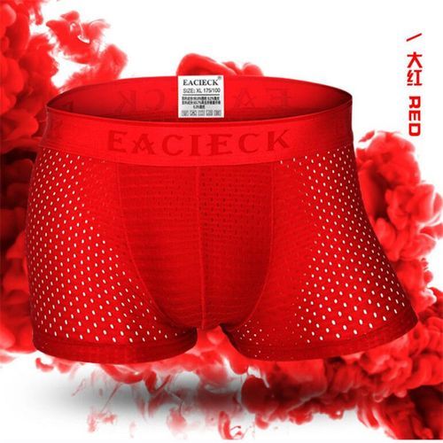 Fashion Bamboo Underwear Men Transparent Boxer Shorts Mesh Breathable  Boxershorts Transparente Underpants Seamless Panties Designers(#Red)