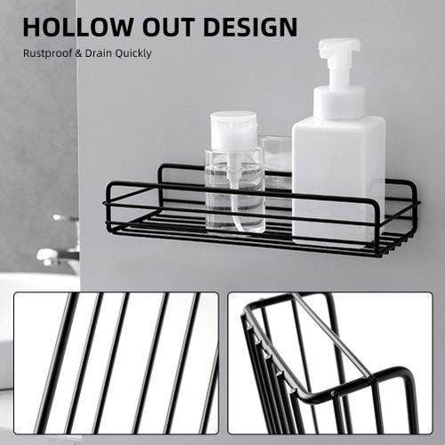 1pc Wall Mounted Storage Rack, Black Iron Adhesive Corner Shelf With Hooks  For Bathroom Shower Organizing, No Drill Needed