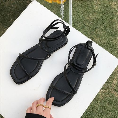 Generic Fashion Women Sandals Flat Heel Narrow Band Back Strap Summer Shoes  Ladies Casual Summer Beach Slides(#black 1)