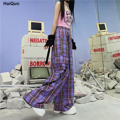 Fashion Girls Cargo Pants Women Gothic Mall Goth Hippie Purple Plaid  Harajuku Hot Pants