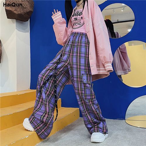 HOUZHOU Korean Fashion Purple Plaid Pants Women Kawaii Soft Girl Oversize  High Waist Wide Leg Checked Trousers For Female - AliExpress