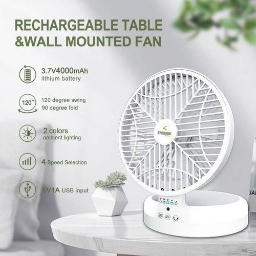 Iwin Rechargeable 8 Inches Rotating  Fan With Ambient Lighting