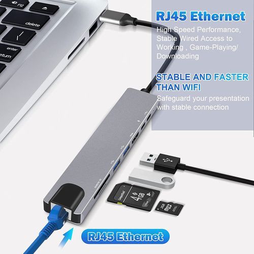 USB C Hub 8 In 1 Type C 3.1 To 4K HDMI Adapter with RJ45 SD/TF Card Reader  PD Fast Charge for MacBook Notebook Laptop Computer