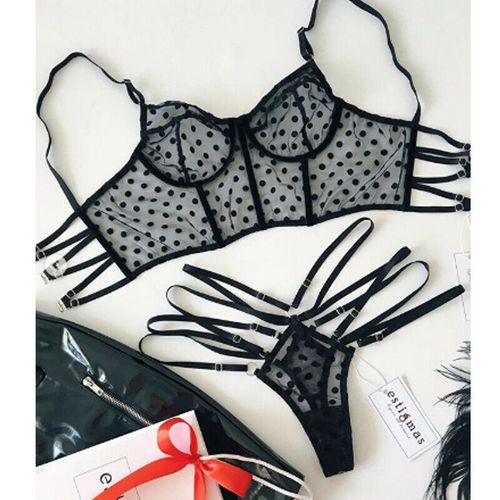 Fashion (Black)Women Ladies Lace Mesh Dot Bralette Bralet Bra Bustier Crop  Top Cami Tank Underwear Set WSY