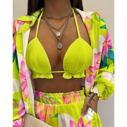 Fashion (Lemon Color)New Women's Shorts Suspender Bra Top 3 Sets Of  Cardigan Long Sleeved Shirt Beach Nightclub Suit Wholesale GRE