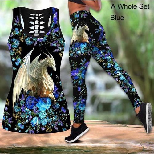 Generic 4 Styles Women's Dragon Vest Print Sleeveless Tank And Leggings  Pant Sets Summer Suit Plus Size S