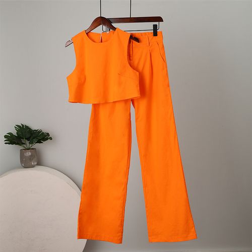 Fashion Summer Women Vest Pants Two Piece Set O-neck Crop Tops High Waist  Flare Pants