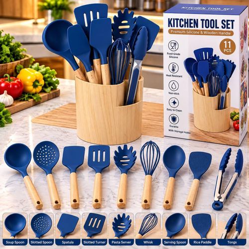 Generic 11 Pcs Premium Silicone And Wooden Handle Kitchen Tool Set
