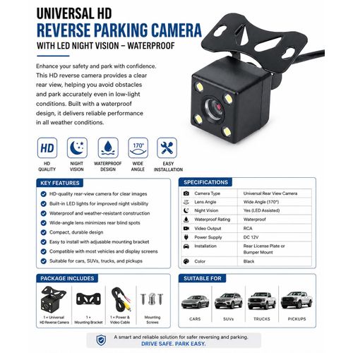 Generic Universal HD Reverse Parking Camera with LED Night Vision – Waterproof Backup Camera - image 2