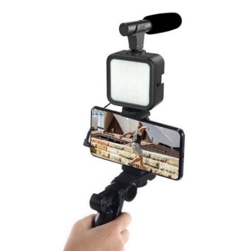 product_image_name-Generic-Professional Video Making Vlogging Kits Tripod Holder With Microphone + Led Light + Remote Control + Phone Holder-Black-6