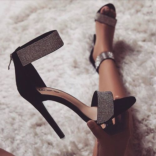 Fashion （Black）Elegant Diamond Pumps Women's 2023 New Summer Club Open Toe  Zipper Sandals Shiny Women Ankle Strap Stiletto Party Mules DON