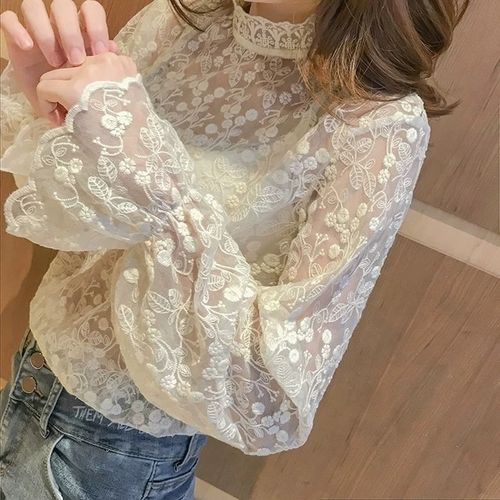 Fashion See Through Womens Mesh Sheer Sexy Floral Lace Blouse Long