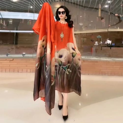Fashion Silk Dress Two-Piece Women's Elegant Floral Plus Size Dress Casual  Beach Vintage Long Dress Mother Dress 2021 Summer New Fashion